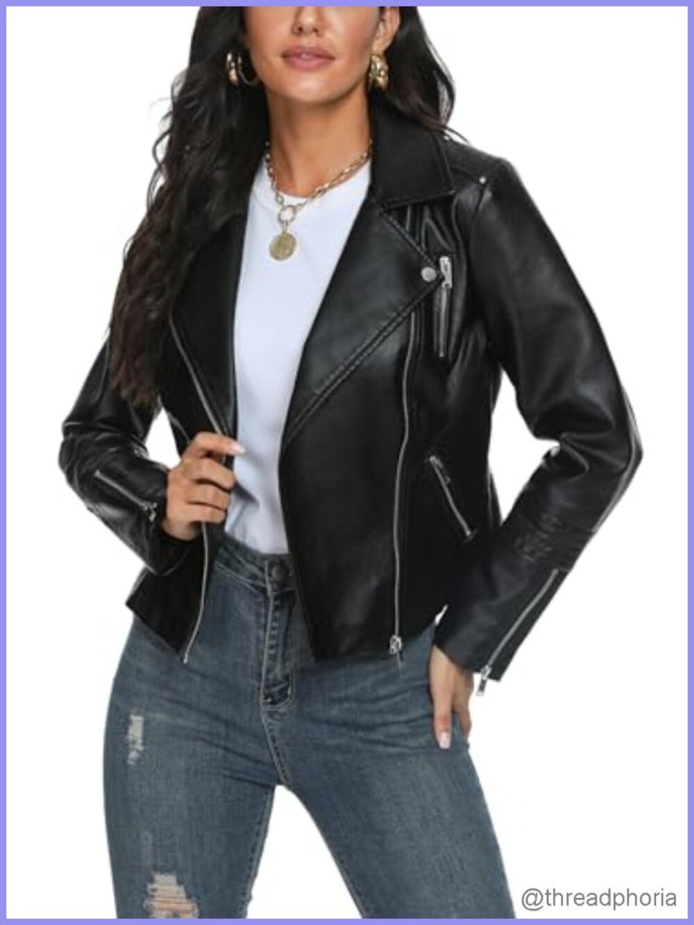 Faux Leather Jacket for Women Vegan Moto Biker Coat Slim Fit